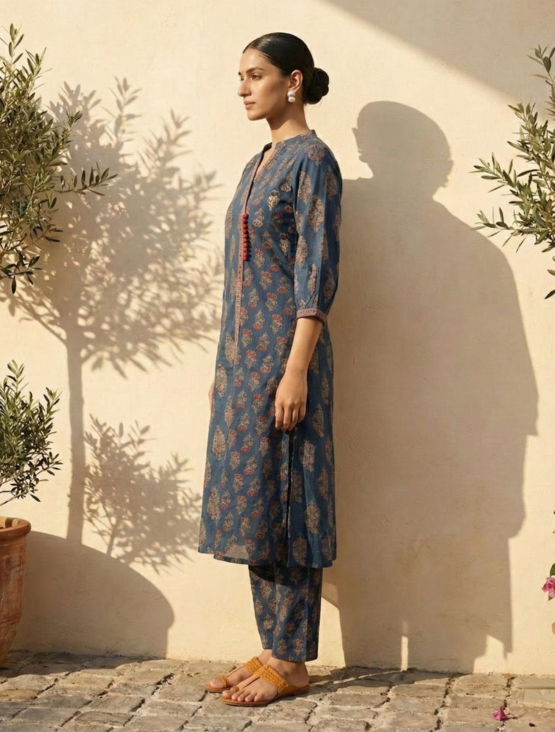 trueBrowns Blue Boota Print Angrakha Kurta Pant Dupatta Set - Image 3